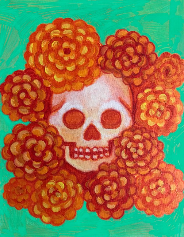 skull marigolds painting